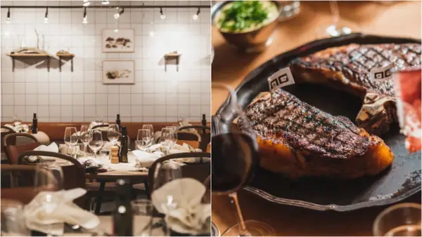 Vänster: elegant dukat bord med vita plattor på väggen. Höger: saftig biff med grillränder, redo att avnjutas på AG Jureskog.