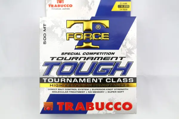 Opakowanie żyłki wędkarskiej Trabucco Tournament Tough 500 MT, z napisem "T-Force Japan" i logo.