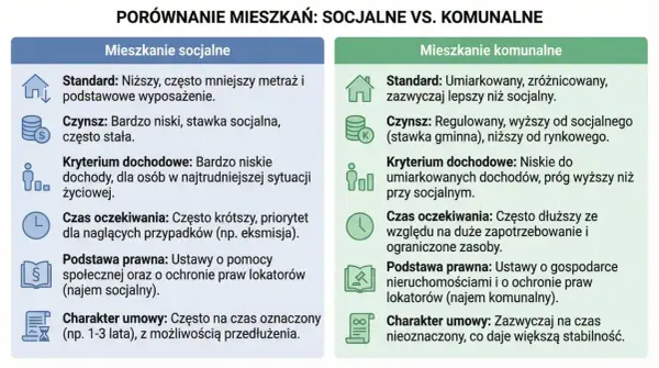 Porównanie mieszkań: socjalne vs. komunalne. Dowiedz się, jak dostać mieszkanie socjalne – niższy standard, czynsz, kryterium dochodowe.