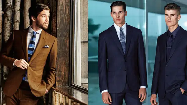 Hombres con trajes elegantes, uno marrón y dos azul marino, listos para un dress code gala.