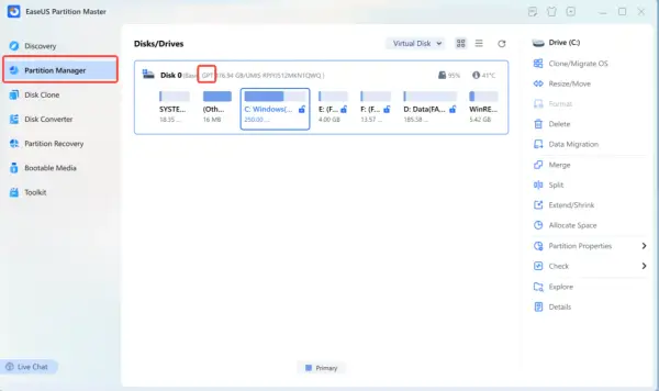W programie EaseUS Partition Master widzisz, jak sprawdzić czy dysk jest MBR czy GPT. Dysk 0 ma oznaczenie GPT.
