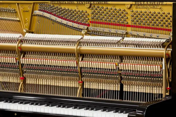 Wnętrze fortepianu Steinway. Widoczne struny, młoteczki i klawiatura. To jest co to jest piano.