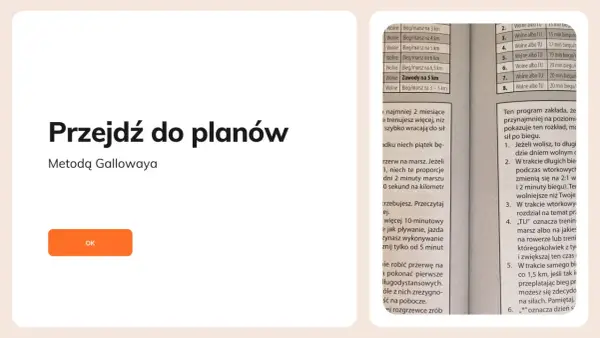 Plan treningowy bieganie 5 km metodą Gallowaya. Tabela zawiera propozycje treningów, np. "Wolne Bieg/marsz na 5 km".