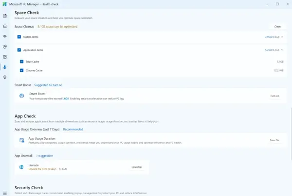 Microsoft PC Manager: Sprawdź stan dysku, optymalizuj miejsce (9.1GB do zwolnienia), włącz Smart Boost i analizuj użycie aplikacji.