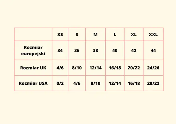 Tabela rozmiarów odzieży: rozmiar europejski (34-44), UK (4/6-24/26) i USA (0/2-20/22).