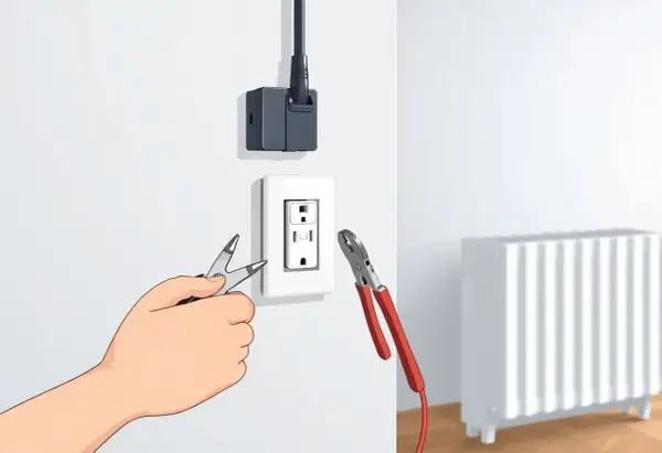 Main tenant modifie une prise électrique pour la transformer en prise radiateur, avec des pinces et un adaptateur.