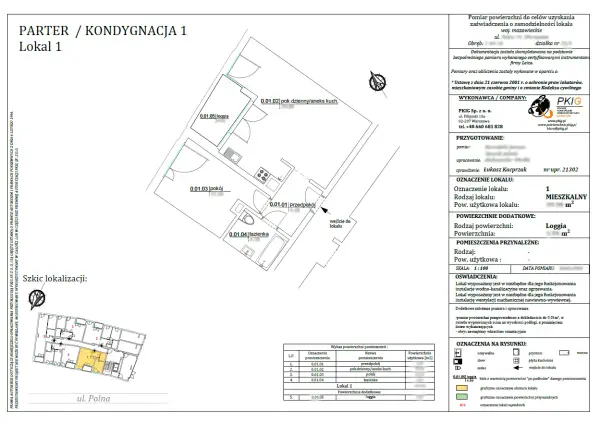 Plan lokalu mieszkalnego z danymi do zaświadczenia o samodzielności lokalu. Widoczny układ pomieszczeń: przedpokój, pokój, łazienka, aneks kuchenny i loggia.