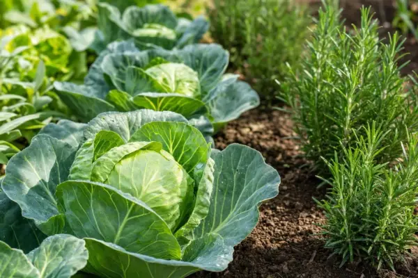Légumes verts frais, choux et romarin dans un potager ensoleillé. L'arôme du romarin embaume le jardin.