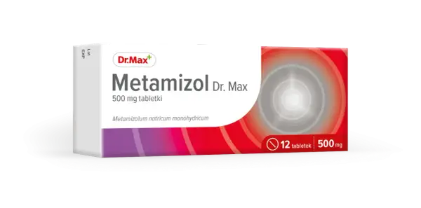 Opakowanie leku Metamizol Dr. Max, 500 mg, zawierające 12 tabletek. Skuteczny środek przeciwbólowy i przeciwgorączkowy.