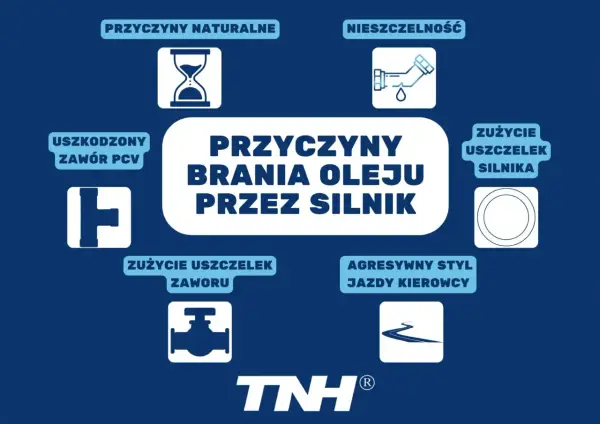 Grafika przedstawia przyczyny brania oleju przez silnik: zużycie uszczelek, nieszczelność, uszkodzony zawór PCV, agresywny styl jazdy i naturalne zużycie.