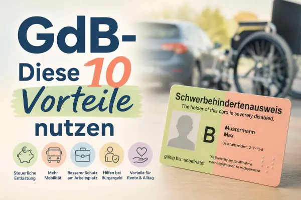 GdB-Vorteile nutzen: Steuerliche Entlastung, mehr Mobilität, besserer Schutz am Arbeitsplatz, Bürgergeld, Rente & Alltag. Schwerbehindertenausweis mit Zusatzurlaub.