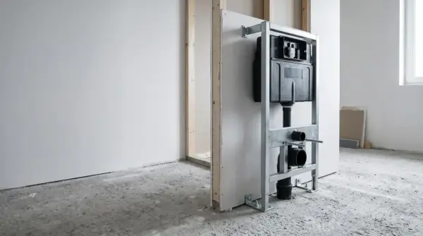 Estructura metálica para instalar un inodoro empotrado. Muestra el sistema de cisternas y tuberías, clave para saber como instalar un inodoro al suelo.
