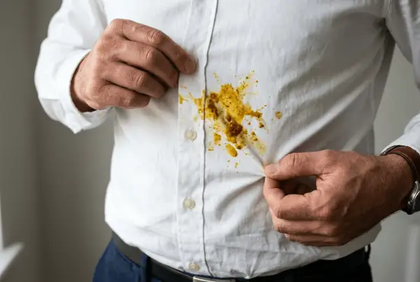 Mann zeigt gelbe Curryflecken auf weißem Hemd. Tipps zum Curryflecken entfernen gesucht.