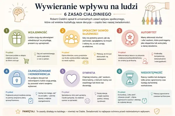 6 zasad Cialdiniego: wzajemność, dowód społeczny, autorytet, zaangażowanie, sympatia, niedostępność – klucz do wywierania wpływu na ludzi.