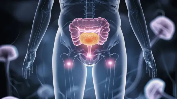 Anatomia człowieka z widocznym jelitem grubym i pęcherzem. Może to symbolizować ucisk na pęcherz.