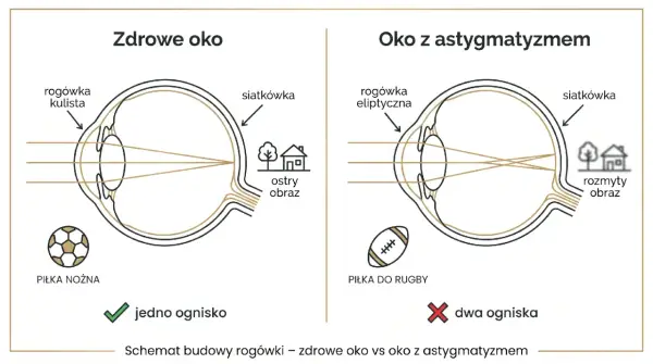 Zdrowe oko z kulistą rogówką skupia światło w jednym punkcie, dając ostry obraz. Oko z astygmatyzmem ma eliptyczną rogówkę, co powoduje rozmyty obraz.