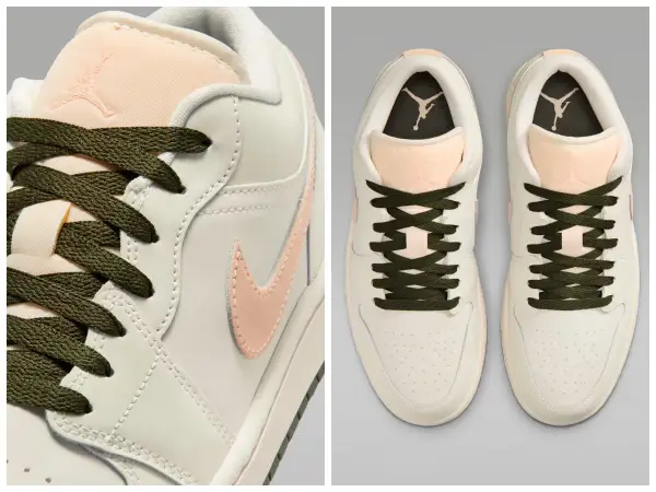 Beżowe sneakersy z brzoskwiniowymi detalami i zielonymi sznurówkami. Logo Jumpman na języku i wkładce. Czy Jordan to Nike? Tak, to ikona stylu.