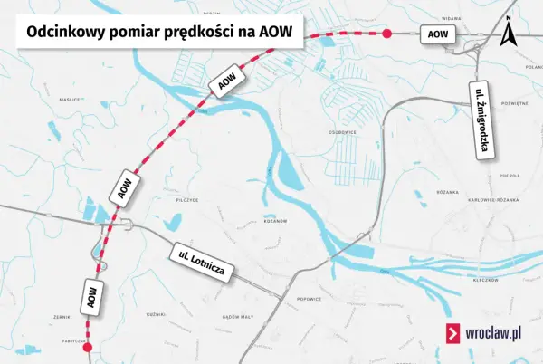 Mapa pokazuje odcinek AOW z zaznaczonym odcinkowym pomiarem prędkości. Czerwona linia z kropkami oznacza trasę pomiaru.
