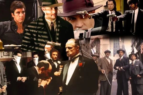 Collage di scene iconiche di film criminali: uomini con pistole, abiti eleganti e sguardi minacciosi.