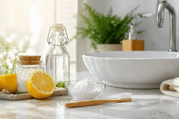 Limone, bicarbonato e aceto per capire come disinfettare lo spazzolino da denti. Un lavandino bianco e una pianta sullo sfondo.