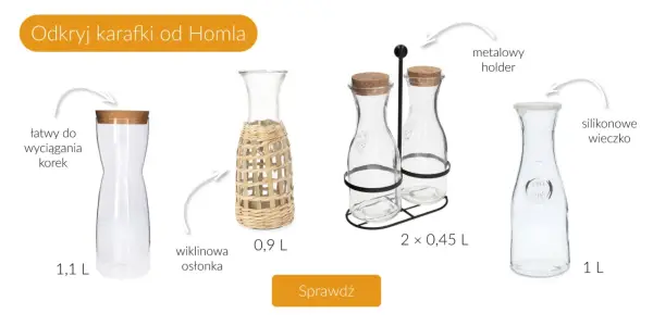 Karafki Homla: 1,1L z korkiem, 0,9L w wiklinowej osłonce, zestaw 2x0,45L w metalowym holderze, 1L z silikonowym wieczkiem.