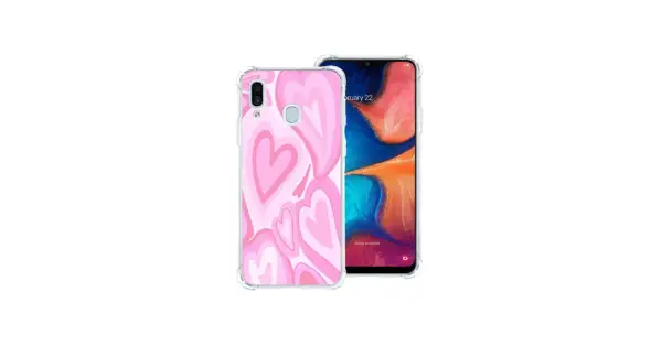 Przezroczyste etui na telefon Samsung A20e z różowymi serduszkami.