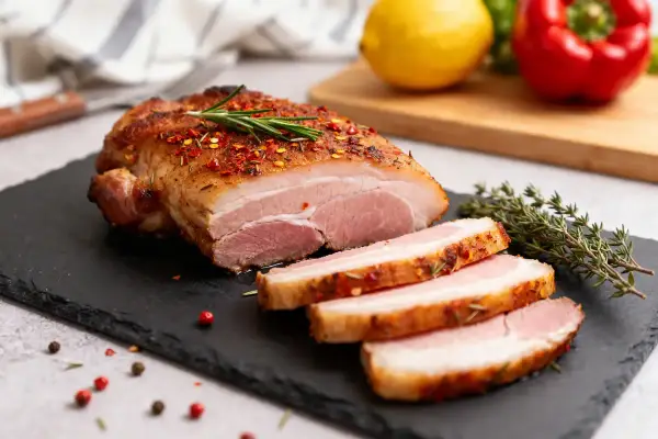 Pluma de porc recette : un rôti de porc juteux, coupé en tranches, assaisonné d'épices et de romarin, prêt à être dégusté.