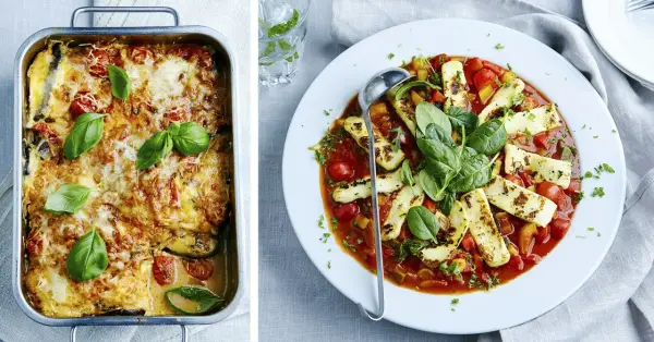 En gratinerad auberginegratäng i form och en tallrik med grillad halloumi i tomatsås. Två härliga vegetariska recept.
