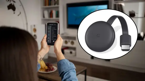 Użyj telefonu, by skonfiguruj moje urządzenie Android TV. Widok na Chromecast i ekran smartfona z menu.