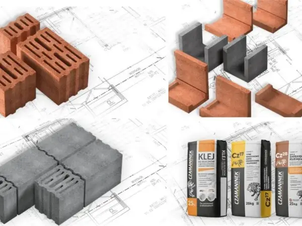 Różne rodzaje pustaków, w tym prefabrykat keramzytowy, oraz materiały budowlane, jak kleje i zaprawy, na tle planów architektonicznych.