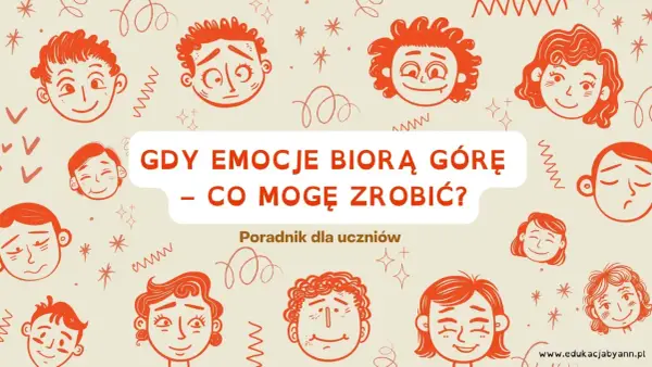 Rysunki dzieci wyrażają różne emocje, od radości po smutek, odzwierciedlając ambiwalencję uczuć. Poradnik "Gdy emocje biorą górę – co mogę zrobić?" dla uczniów.