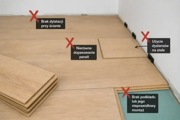 Błędy przy układaniu paneli: brak dylatacji, nierówne dopasowanie, użycie dystansów na stałe, brak podkładu. Poznaj prawidłowy wzór.