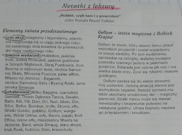 Notatki z lektury "Hobbit, czyli tam i z powrotem". Opis świata przedstawionego, w tym miejsc i bohaterów, oraz charakterystyka Golluma.