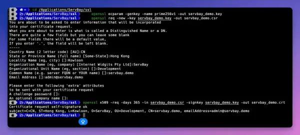 Terminal-Fenster zeigt, wie man ein selbstsigniertes Zertifikat erstellt. OpenSSL-Befehle generieren Schlüssel und Zertifikatsanfragen.