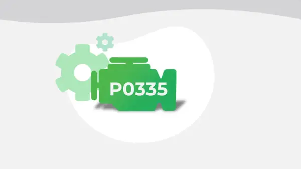 Green engine icon with "P0335" text, symbolizing a diagnostic trouble code. Gears suggest mechanical issues.
