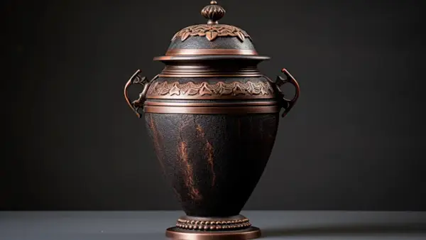 Elegancka urna z brązu, ozdobiona ornamentami, przeznaczona na prochy po kremacji.