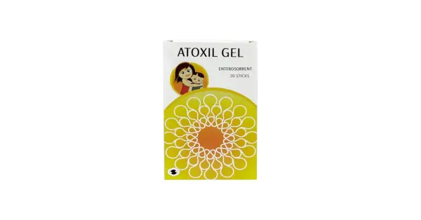 Opakowanie Atoxil Gel z wizerunkiem matki i dziecka, zawiera 20 saszetek.