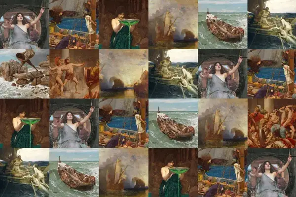 Collage d'œuvres d'art néoclassiques, dont des scènes maritimes, des figures mythologiques et des représentations de Galatée, évoquant le triomphe de Galatée.
