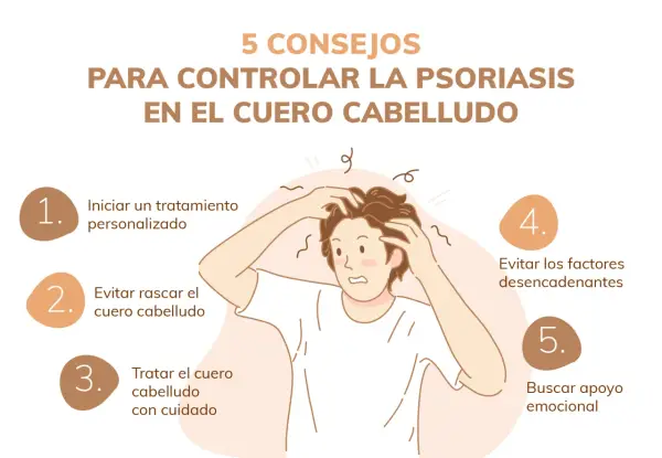 Consejos para controlar la psoriasis en el cuero cabelludo: tratamiento, evitar rascar, cuidado, desencadenantes y apoyo emocional.