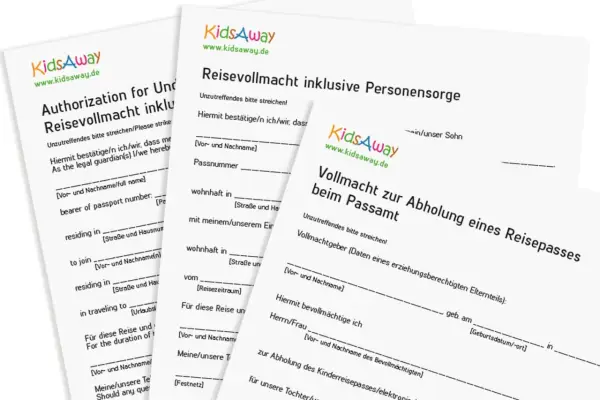 Mehrere Formulare von KidsAway, darunter eine Reisevollmacht für Kinder und eine Vollmacht zur Abholung eines Reisepasses.