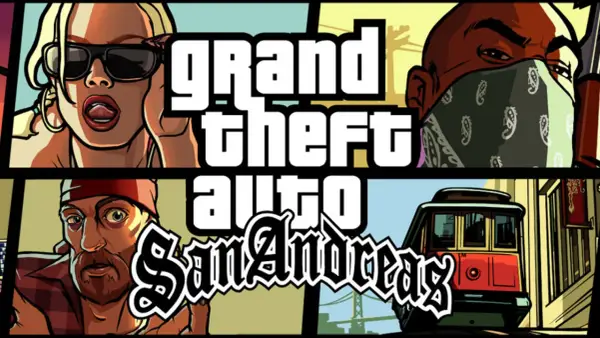 Okładka GTA San Andreas: kobieta w okularach, mężczyzna w bandanie, mężczyzna z brodą i tramwaj. Rozpocznij swoją gta sa journey!