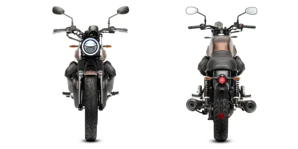 Dos vistas de modelos de moto Guzzi, una frontal y otra trasera, con detalles clásicos y modernos.