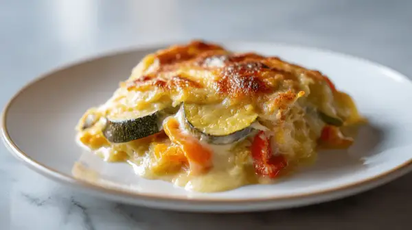 Un gratin de légumes doré et appétissant, avec des courgettes, poivrons et une sauce crémeuse, prêt à être dégusté.