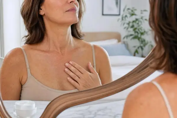 Une femme examine son décolleté dans un miroir, sa main effleurant doucement les rides.