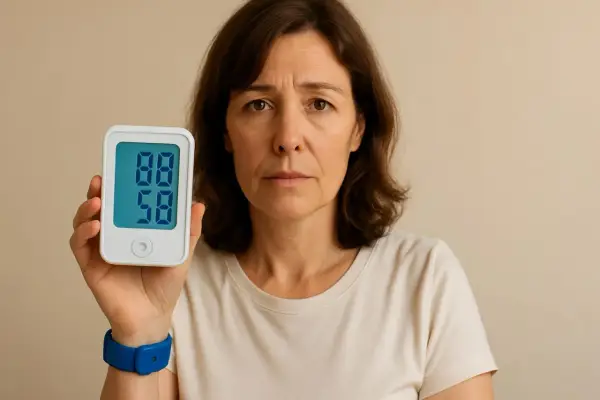 Donna preoccupata mostra un misuratore di pressione con valori bassi, 88/58. Potrebbe essere un segnale di pressione bassa anziani 80 anni.
