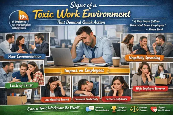 Infographic detailing signs of a toxic work environment, including poor communication, lack of trust, negativity spreading, low morale, decreased productivity, loss of confidence, and high employee turnover.