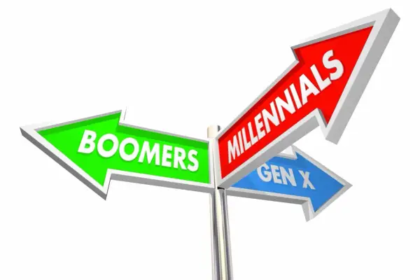 Znak drogowy z napisem "Boomers" w lewo, "Millennials" w prawo i "Gen X" w dół. Kto to?