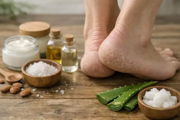 Pieds secs avec le talon craquelé, entourés d'ingrédients naturels pour un soin : aloe vera, sel, huiles et crème.