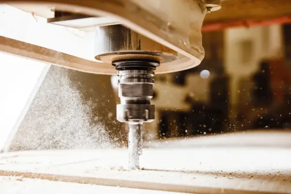 Precyzyjny frez CNC w akcji, tworzący drobny pył podczas obróbki drewna.