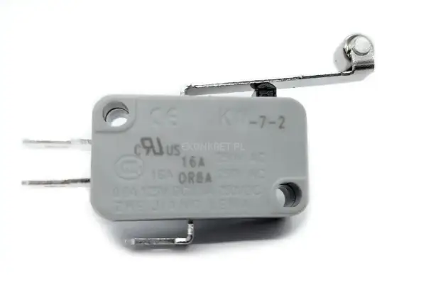 Szary wyłącznik krańcówka z metalowym ramieniem i rolką. Model KW-7-2, 16A 250V AC.